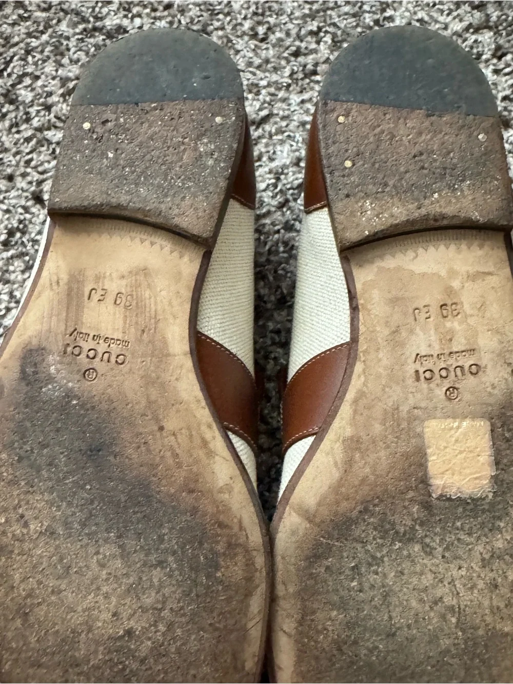 Gucci Men’s Cream Canvas and Brown Leather Loafers39